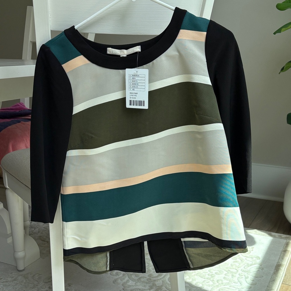 Anthropologie Colorblock Striped Blouse - Black, Green, Cream